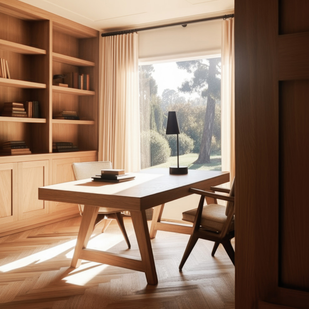 Design ideas for a mid-sized contemporary study room in Los Angeles with white walls, light hardwood floors, no fireplace, a freestanding desk, beige floor, timber and planked wall panelling.