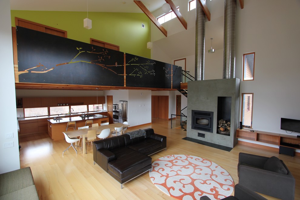 Photo of a large contemporary loft-style family room in Other with white walls, medium hardwood floors, a standard fireplace and a concrete fireplace surround.