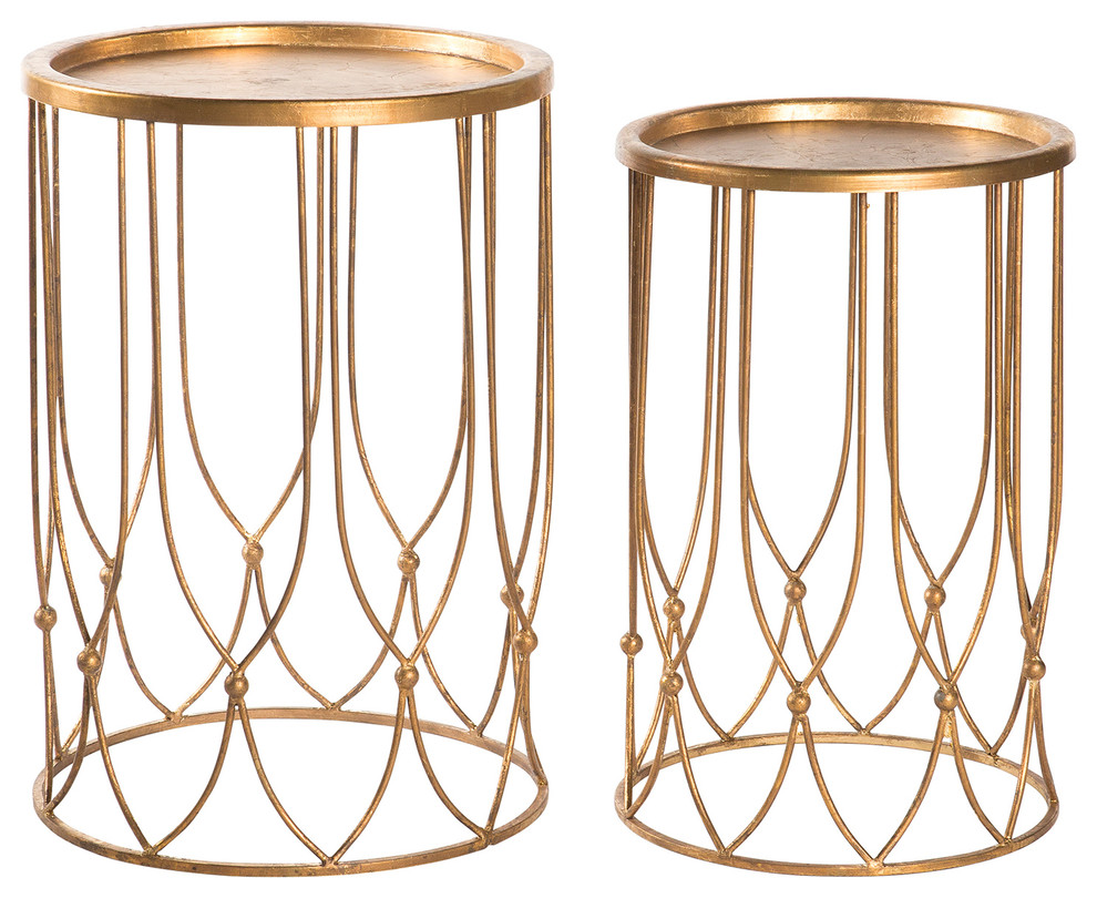 Wishbone Hollywood Regency Gold Accent Round Side Table- Set of 2