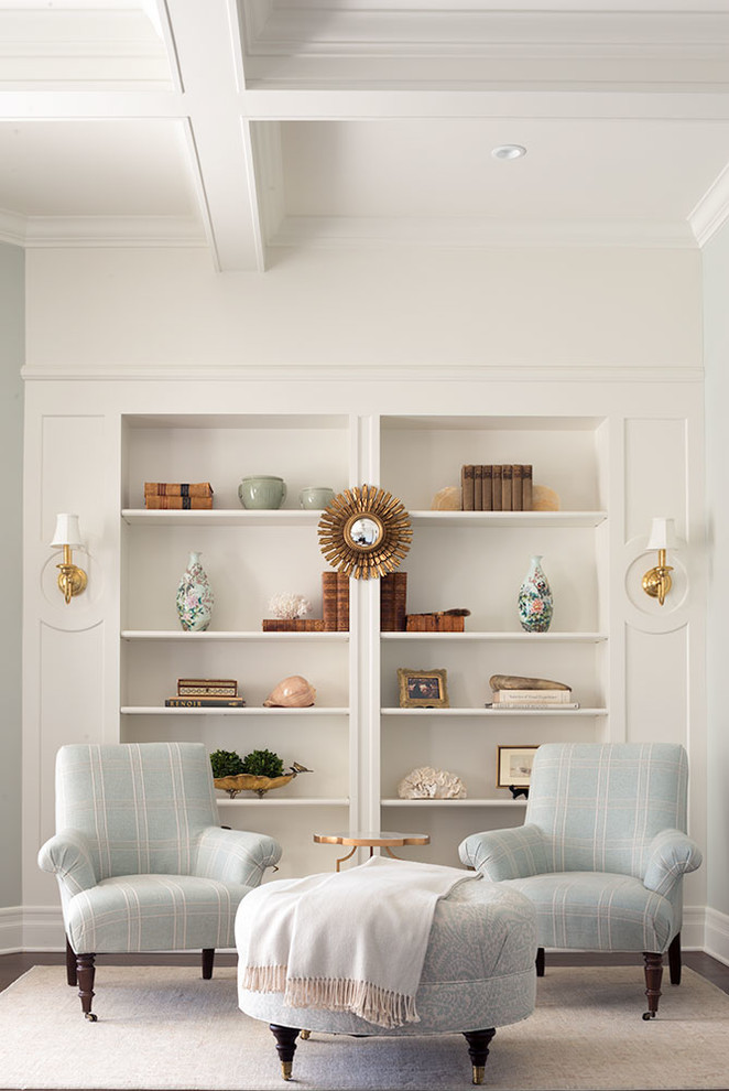Example of a large beach style master dark wood floor living room design in Los Angeles with no fireplace and white walls