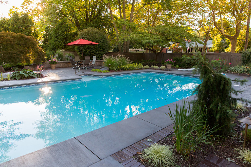 Foto de piscina moderna rectangular en patio trasero con suelo de hormigón estampado