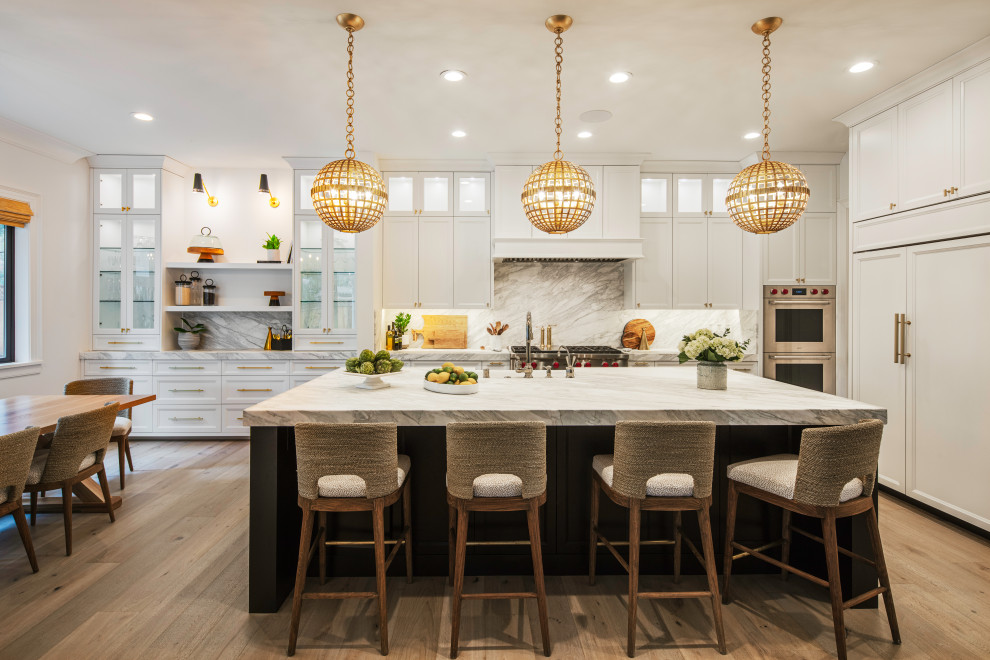Design ideas for a mid-sized transitional eat-in kitchen in San Francisco with light hardwood floors and beige floor.