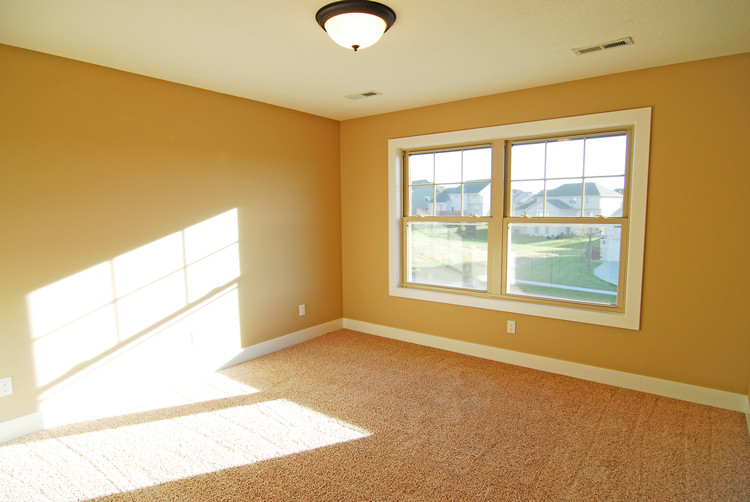 Photo of a mid-sized arts and crafts guest bedroom in Other with beige walls, carpet and no fireplace.