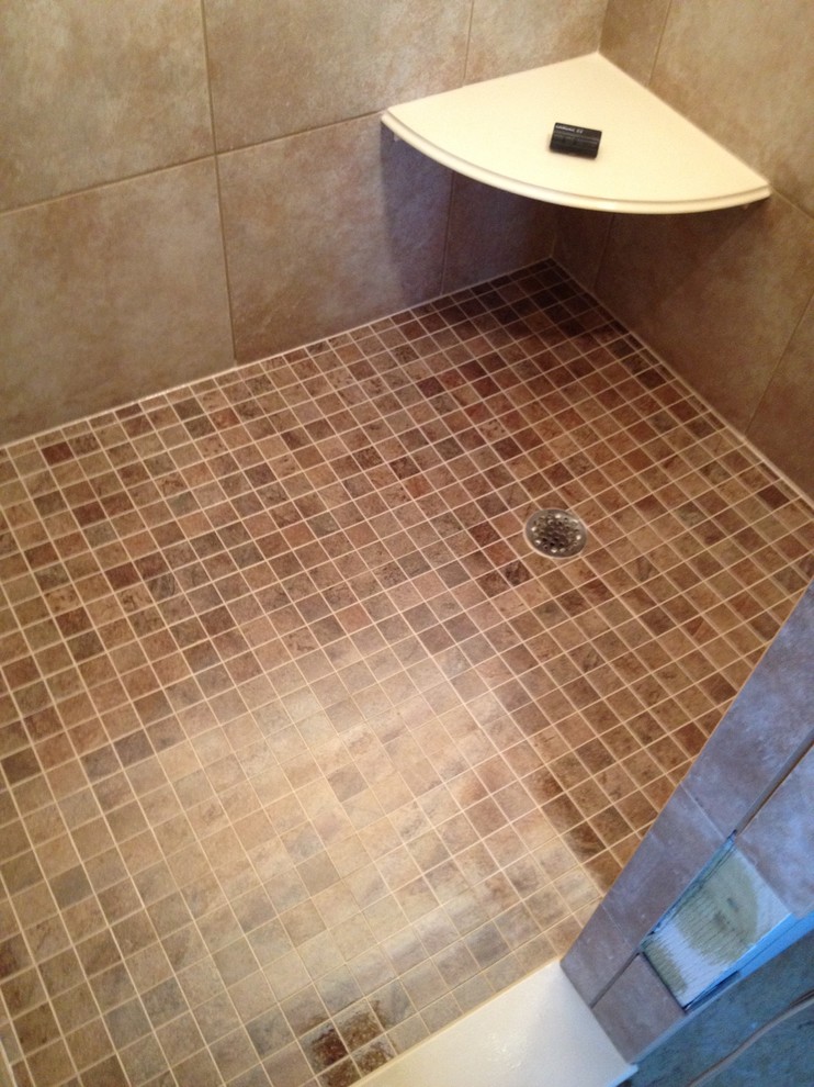 Doorless shower - mid-sized beige tile and ceramic tile doorless shower idea
