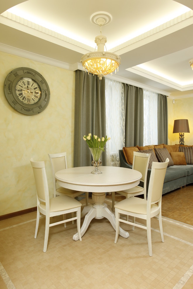 Photo of a mid-sized contemporary dining room in Moscow with multi-coloured walls, porcelain floors and beige floor.