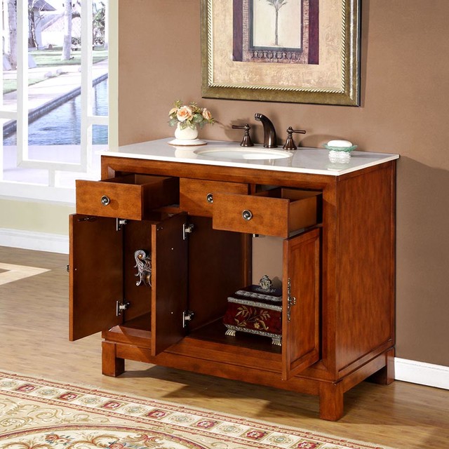 42 Inch Brown Bathroom Vanity with Single Sink, Marble Top, Traditional ...