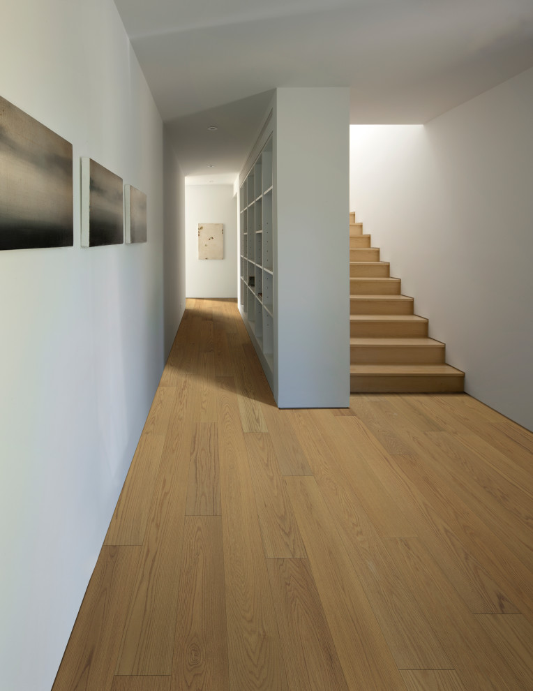Réalisation d'une grande porte d'entrée minimaliste en bois avec un mur blanc, parquet clair, une porte simple, une porte en bois brun, un sol multicolore et un plafond voûté.