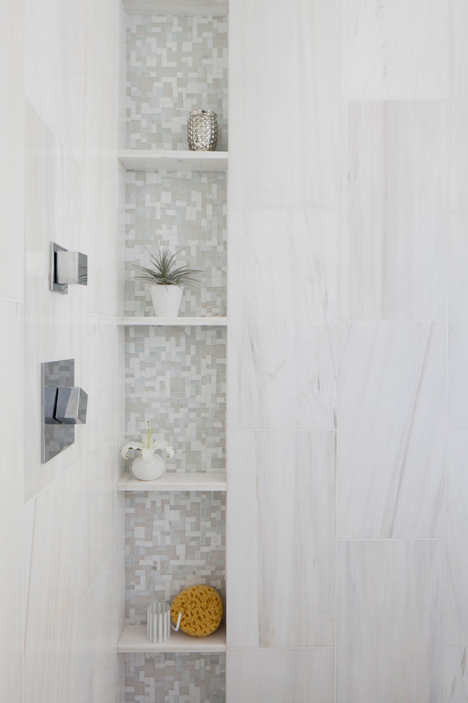 Mid-sized contemporary master bathroom in San Francisco with medium wood cabinets, a freestanding tub, a curbless shower, white tile, stone tile, white walls, mosaic tile floors, an undermount sink and marble benchtops.