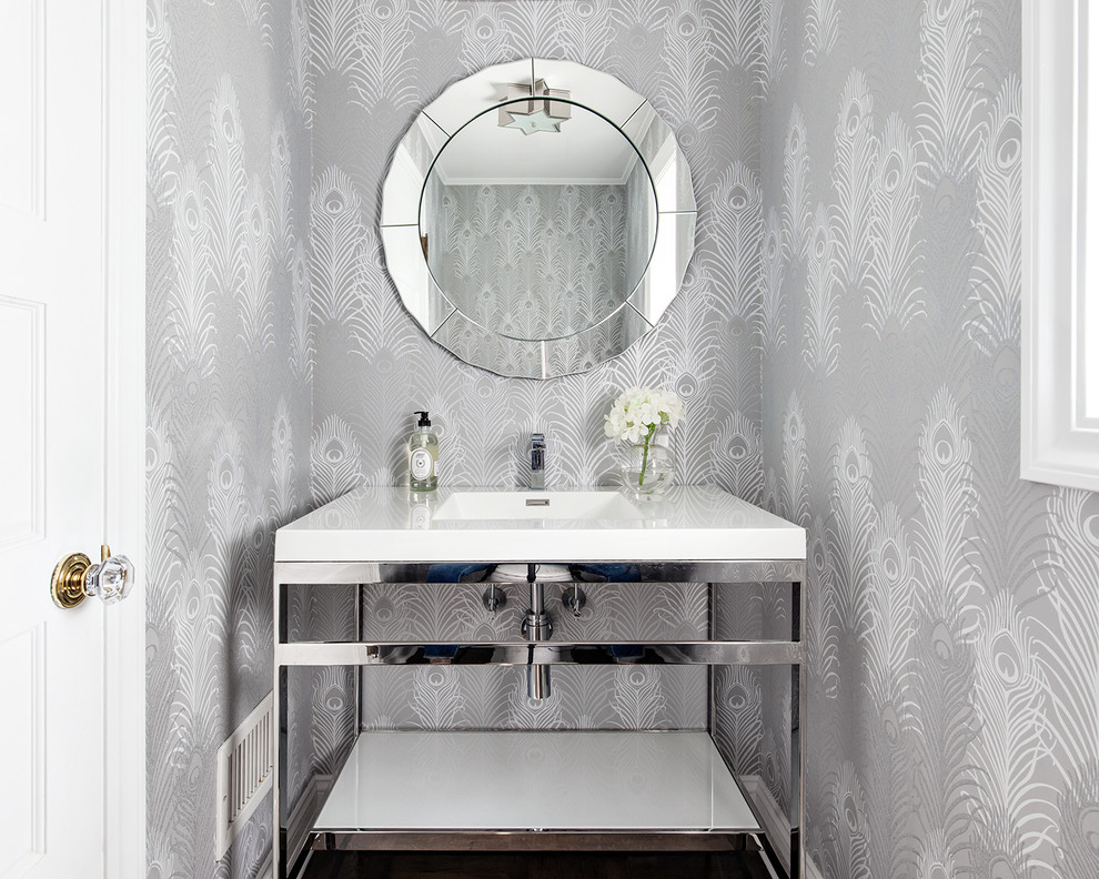 Inspiration for a transitional powder room in New York with grey walls and a vessel sink.