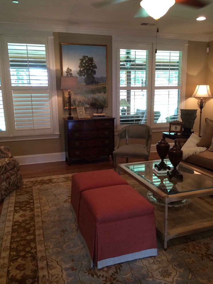Mid-sized transitional formal and open concept living room photo with a standard fireplace and a stone fireplace