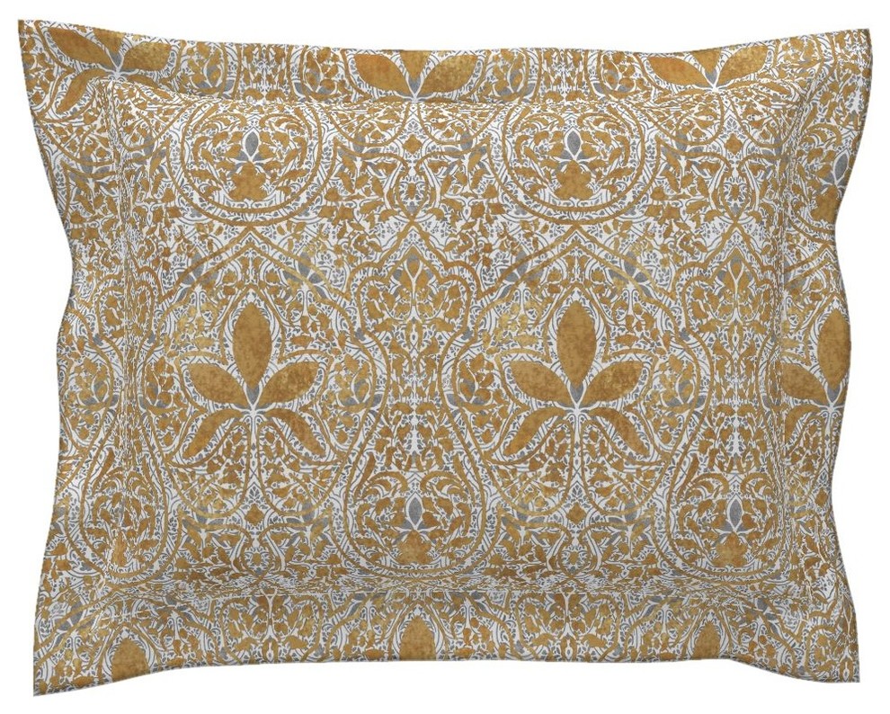 White With Silvered And Gilt Gold Batik White Indian Cotton Pillow Sham