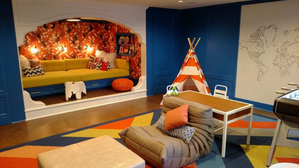 This is an example of a mid-sized contemporary gender-neutral kids' playroom for kids 4-10 years old in Portland with blue walls, porcelain floors, brown floor and decorative wall panelling.