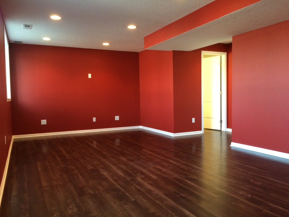 Basement - large transitional look-out dark wood floor basement idea with red walls and no fireplace
