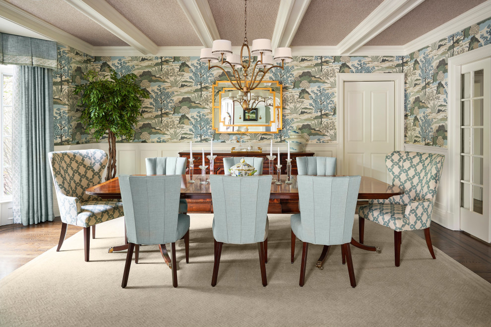 Inspiration for a timeless dark wood floor, brown floor, exposed beam and wallpaper enclosed dining room remodel in New York with multicolored walls