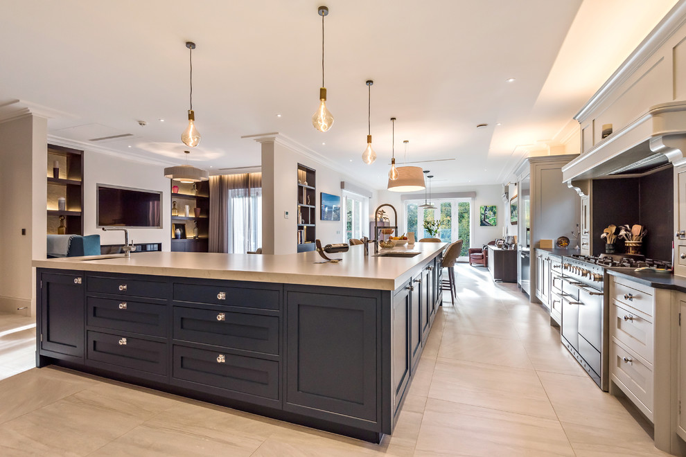 Design ideas for a large transitional l-shaped open plan kitchen in Berkshire with an undermount sink, shaker cabinets, stainless steel appliances, grey cabinets, quartzite benchtops, blue splashback, marble splashback, marble floors, with island, beige floor and white benchtop.