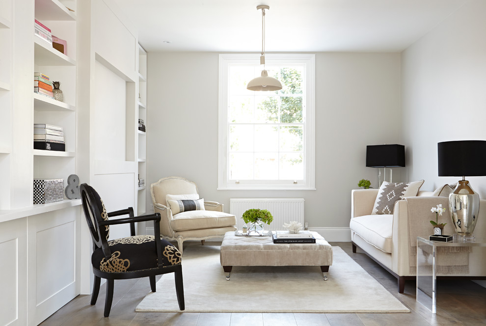 Living room - contemporary formal dark wood floor living room idea in London with gray walls, no fireplace and no tv