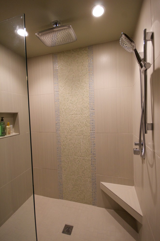 This is an example of a mid-sized modern 3/4 bathroom in Seattle with a wall-mount sink, a double shower, a one-piece toilet, gray tile, ceramic tile, green walls and ceramic floors.