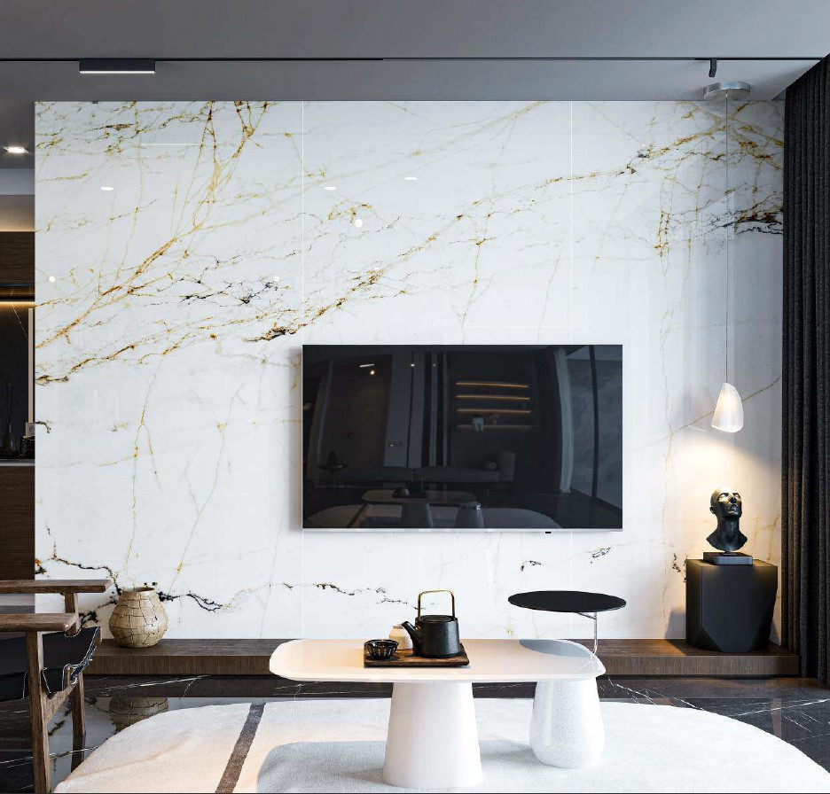 Cette image montre un grand salon minimaliste avec une salle de réception, un mur blanc, un sol en carrelage de porcelaine, un manteau de cheminée en carrelage, un téléviseur fixé au mur et un sol noir.