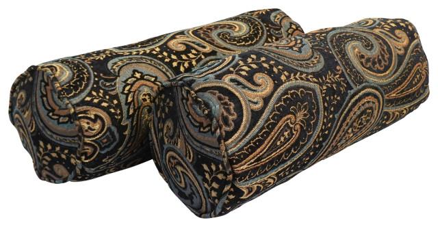 20"X8" Double-Corded Jacquard Chenille Bolster Pillows, Set of 2, Black Paisley