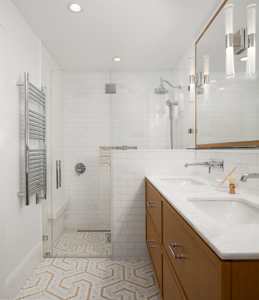 Inspiration for a small transitional master bathroom in San Francisco with shaker cabinets, medium wood cabinets, a curbless shower, white tile, marble, white walls, marble floors, an undermount sink, marble benchtops, multi-coloured floor, a hinged shower door, white benchtops, a niche, a shower seat, a double vanity and a floating vanity.