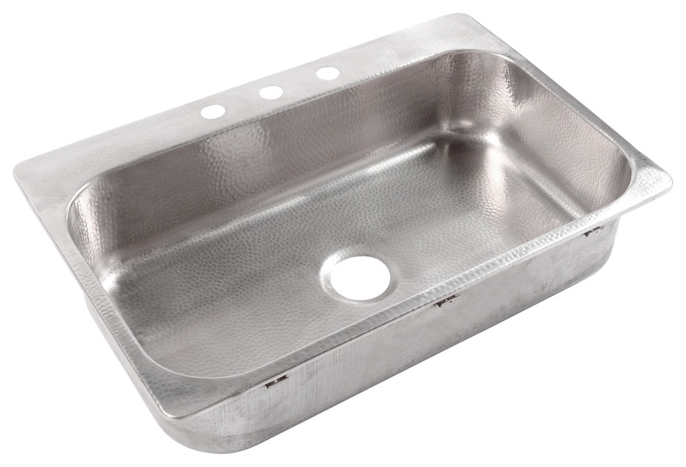 Angelico Stainless Steel 33" Single Bowl Drop-In Kitchen Sink with 3 Holes, Brushed Stainless Steel