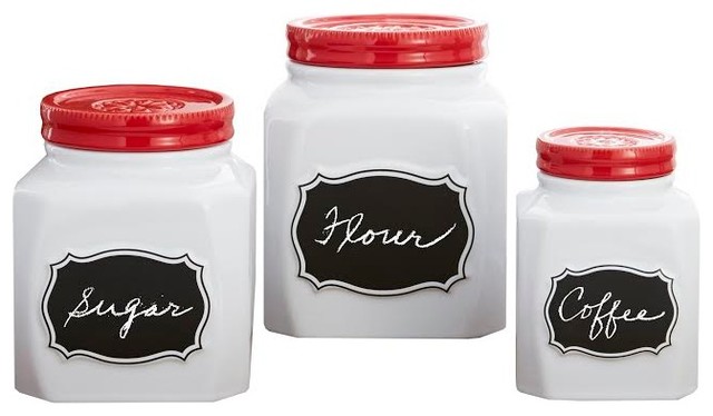 American Atelier White Ceramic Canister Set with Red Lid