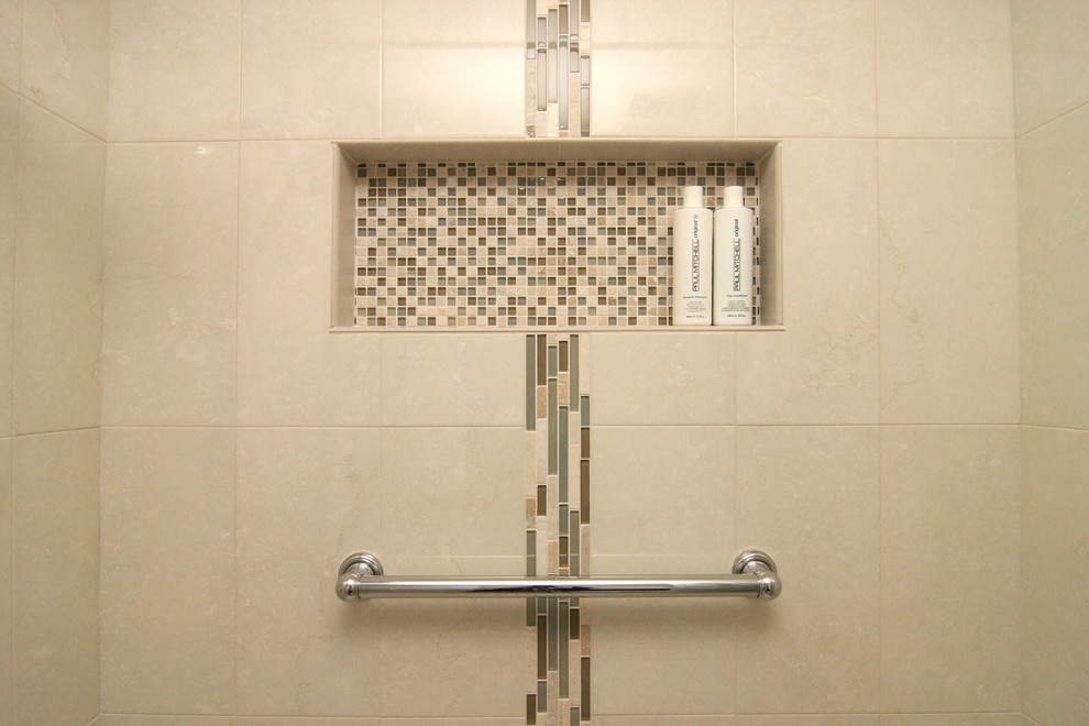 Home design - mid-sized transitional 3/4 beige tile and porcelain tile porcelain tile home design idea with an integrated sink, furniture-like cabinets, dark wood cabinets, solid surface countertops, a two-piece toilet and white walls