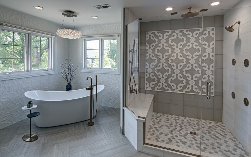 Inspiration for a mid-sized transitional master ceramic tile ceramic tile, gray floor and double-sink bathroom remodel in Chicago with quartz countertops, white countertops and a built-in vanity