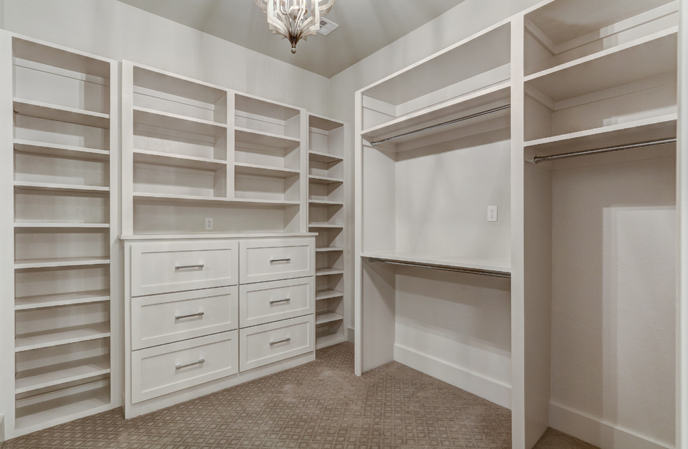 Example of a mid-sized transitional gender-neutral carpeted walk-in closet design in Oklahoma City with recessed-panel cabinets and white cabinets