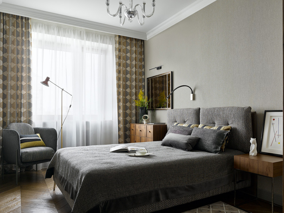 Photo of a contemporary master bedroom in Moscow with grey walls and dark hardwood floors.
