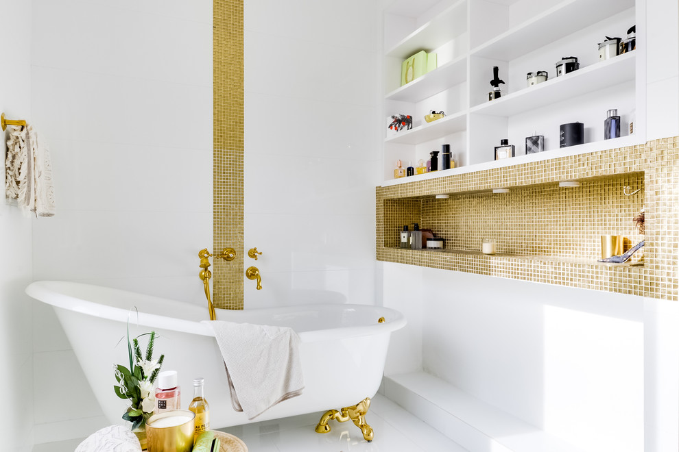 Inspiration for a mid-sized contemporary master bathroom in Paris with open cabinets, a claw-foot tub, white walls, white floor and yellow tile.