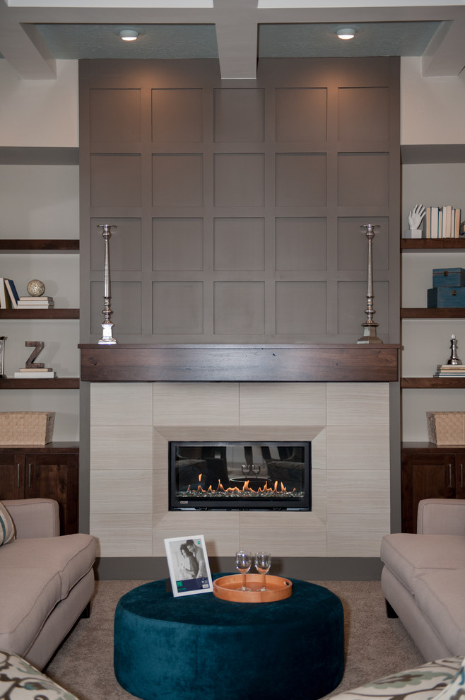 Mid-sized contemporary open concept family room in Salt Lake City with grey walls, carpet, a ribbon fireplace, a tile fireplace surround, a wall-mounted tv and beige floor.