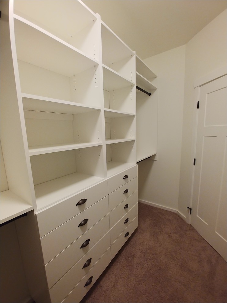 Photo of a mid-sized contemporary gender-neutral walk-in wardrobe in Seattle with flat-panel cabinets, white cabinets, carpet and beige floor.