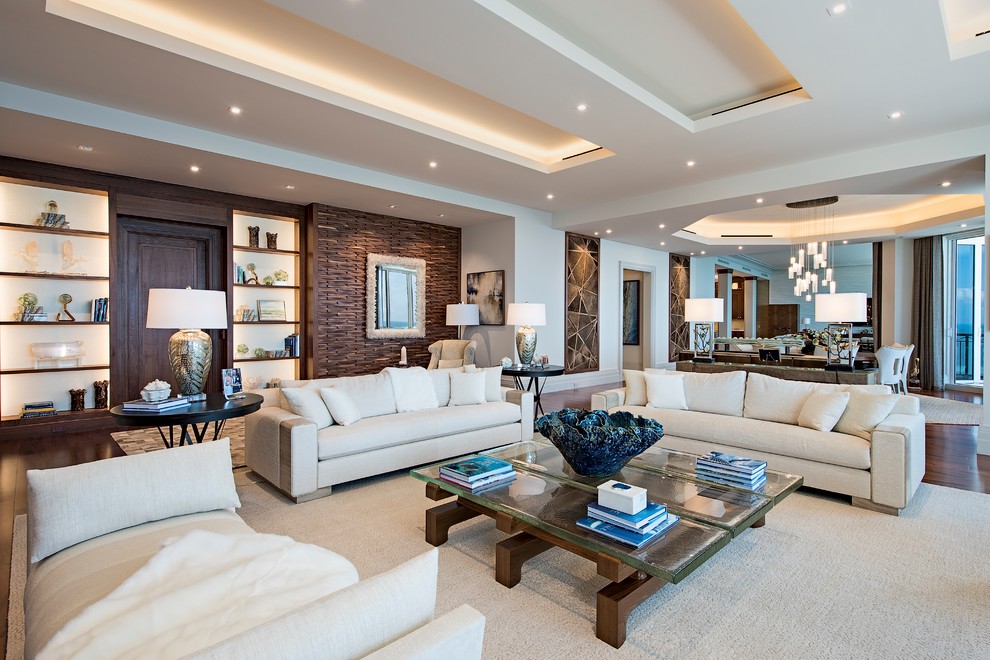 Inspiration for a large contemporary open concept living room in Other with dark hardwood floors, brown floor, no fireplace, no tv and coffered.