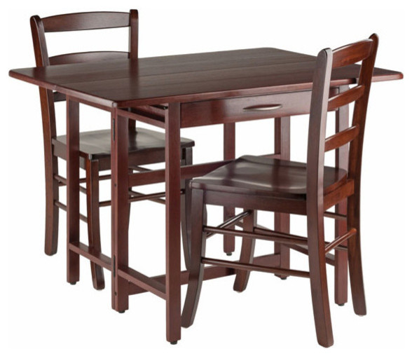 3 Pc Contemporary Drop Leaf Table Set In Walnut Finish