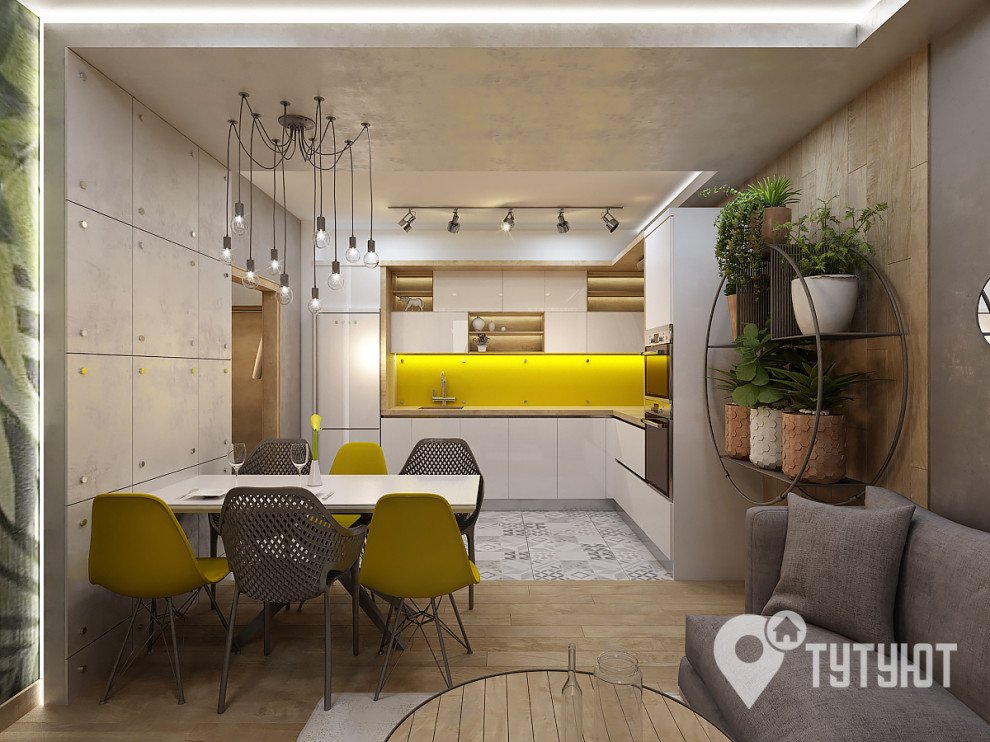 Кухня-гостиная в стиле лофт с желтым акцентом