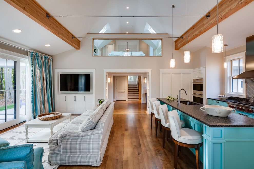 Mid-sized trendy formal and open concept dark wood floor living room photo in Portland Maine with a wall-mounted tv, beige walls and no fireplace