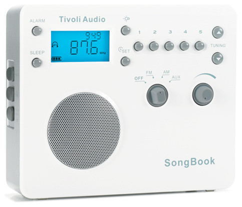 SongBook AM/FM Alarm Clock Travel Radio, Hugh-Gloss White/Silver