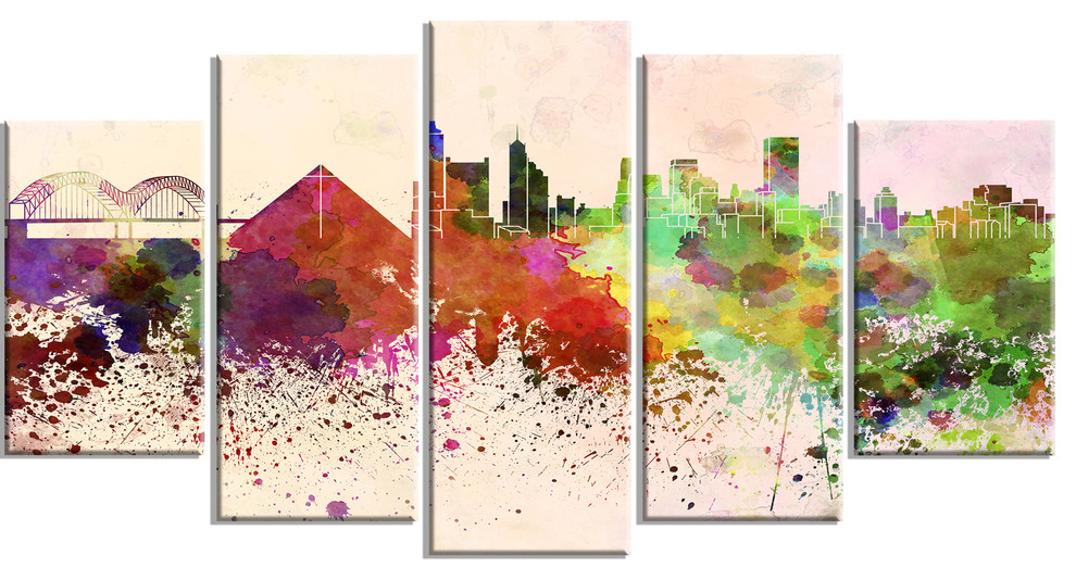 "Memphis Skyline" Cityscape Glossy Metal Wall Art, 60"x32", 5 Panels