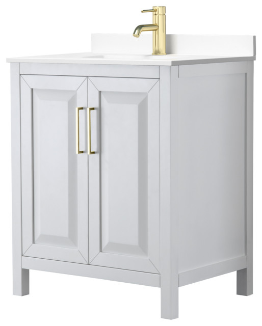 Daria 30" Single Vanity, White, White Cultured Marble Top, Gold Trim