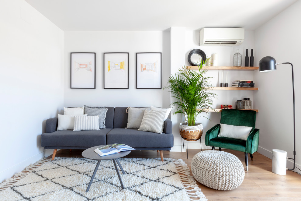 Inspiration for a contemporary medium tone wood floor and brown floor living room remodel in Other with white walls