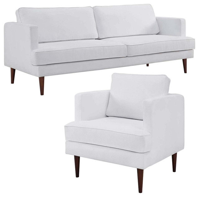 Agile Upholstered Fabric Contemporary Sofa and Lounge Accent Arm Chair, White Midcentury