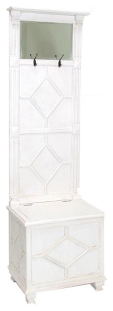 Molded Wooden Frame Hall Tree With Lift Top Box and Mirror Insert, White
