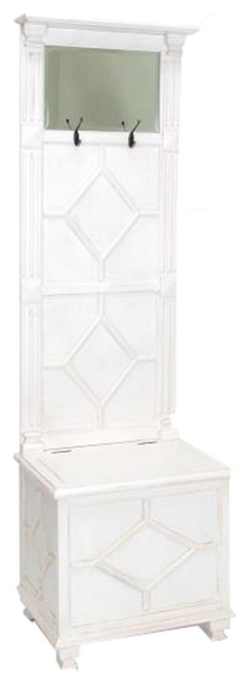 Molded Wooden Frame Hall Tree With Lift Top Box and Mirror Insert, White