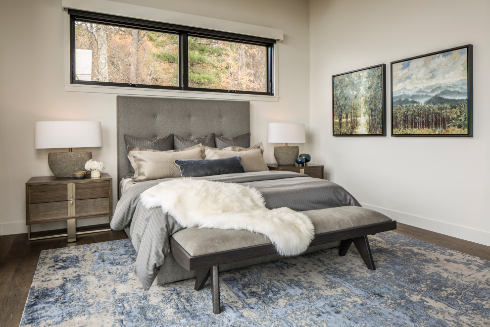Mid-sized modern master bedroom in Other with white walls, medium hardwood floors, a ribbon fireplace, a stone fireplace surround and brown floor.