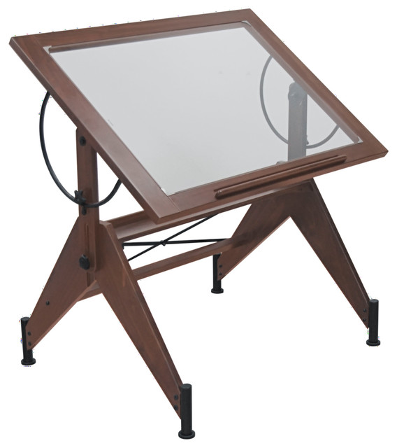 Offex Aries Glass Top Drafting Table Dark Walnut Black