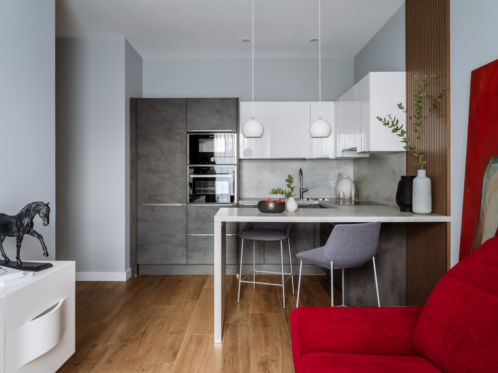 Inspiration for a mid-sized contemporary u-shaped open plan kitchen in Other with a drop-in sink, flat-panel cabinets, grey cabinets, grey splashback, porcelain splashback, panelled appliances, medium hardwood floors, a peninsula, brown floor and grey benchtop.