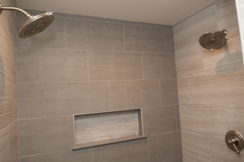 Freestanding bathtub - large transitional master gray tile freestanding bathtub idea with white cabinets and gray walls