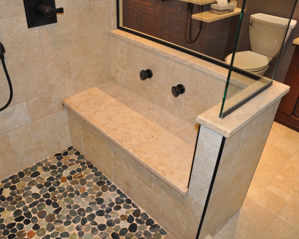Large transitional master beige tile and ceramic tile ceramic tile home design photo in Ottawa with an undermount sink, recessed-panel cabinets, medium tone wood cabinets, granite countertops, a one-piece toilet and gray walls