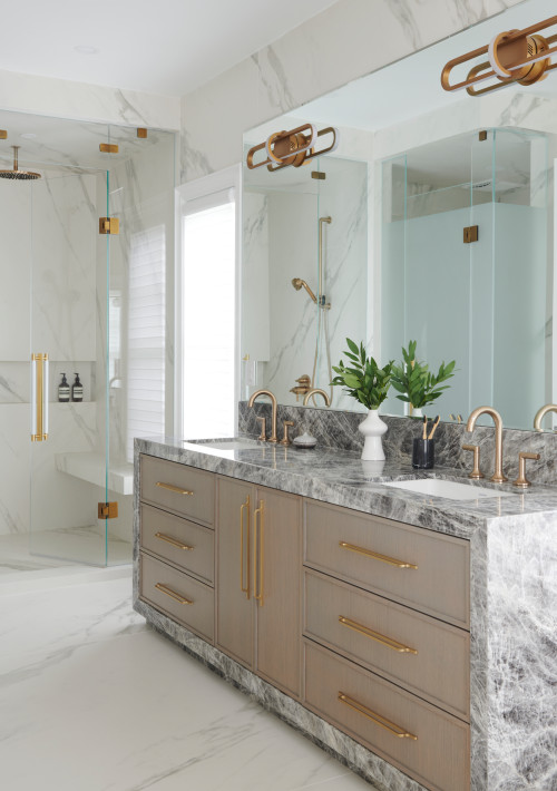 Marble Frame Elegance: Light Wood Bathroom Vanity Sink Inspirations with Brass Hardware